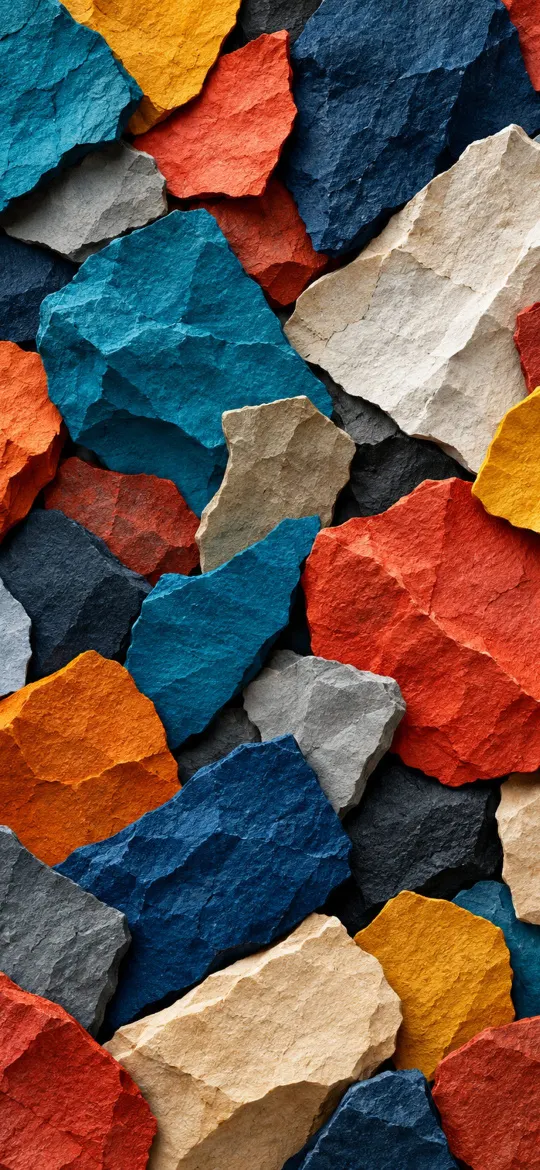 Tightly packed rough stone fragments in teal, navy, red, yellow and beige