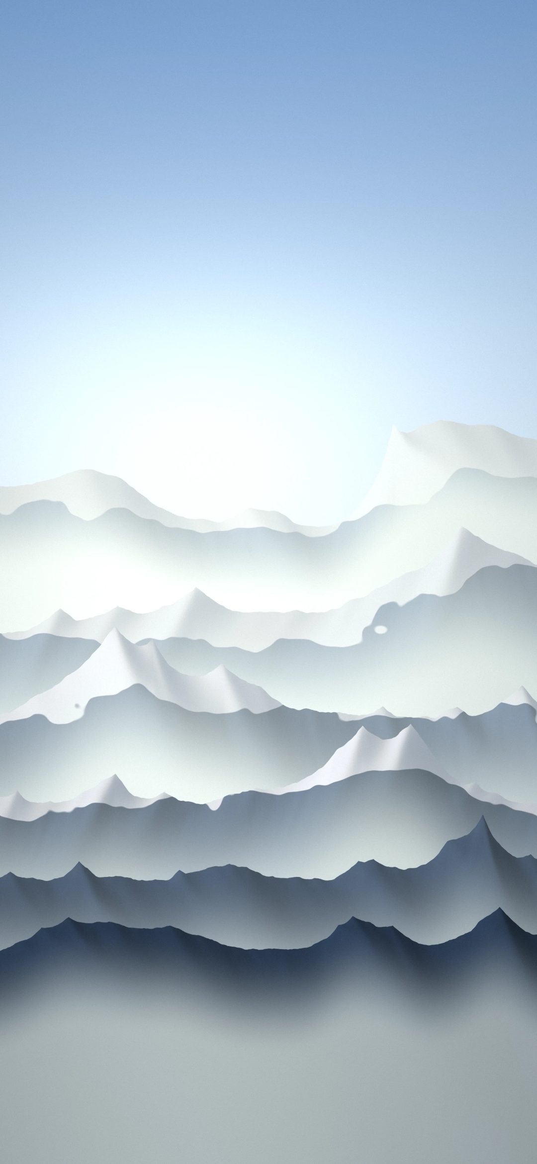 Alpine Snowfield Peaks: snow-capped peaks rise in pale blue tiers above a hazy valley, each range softer and lighter as it recedes into the clear sky, iPhone wallpaper