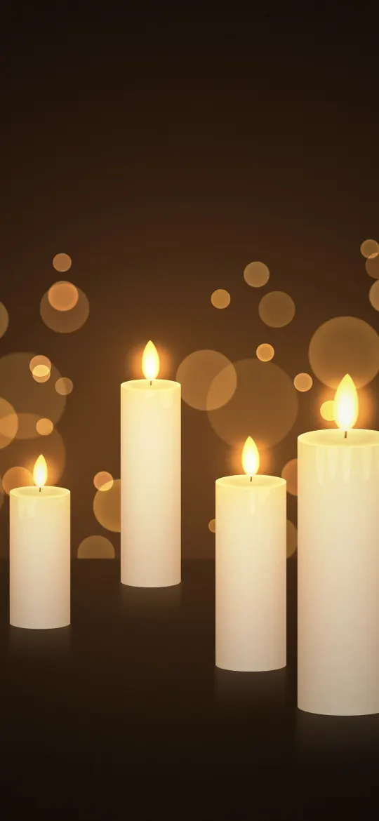 Amber Candle Glow: four ivory pillar candles with dripping wax and bright flames glow on a dark glossy table, their warm light melting into amber bokeh, iPhone wallpaper