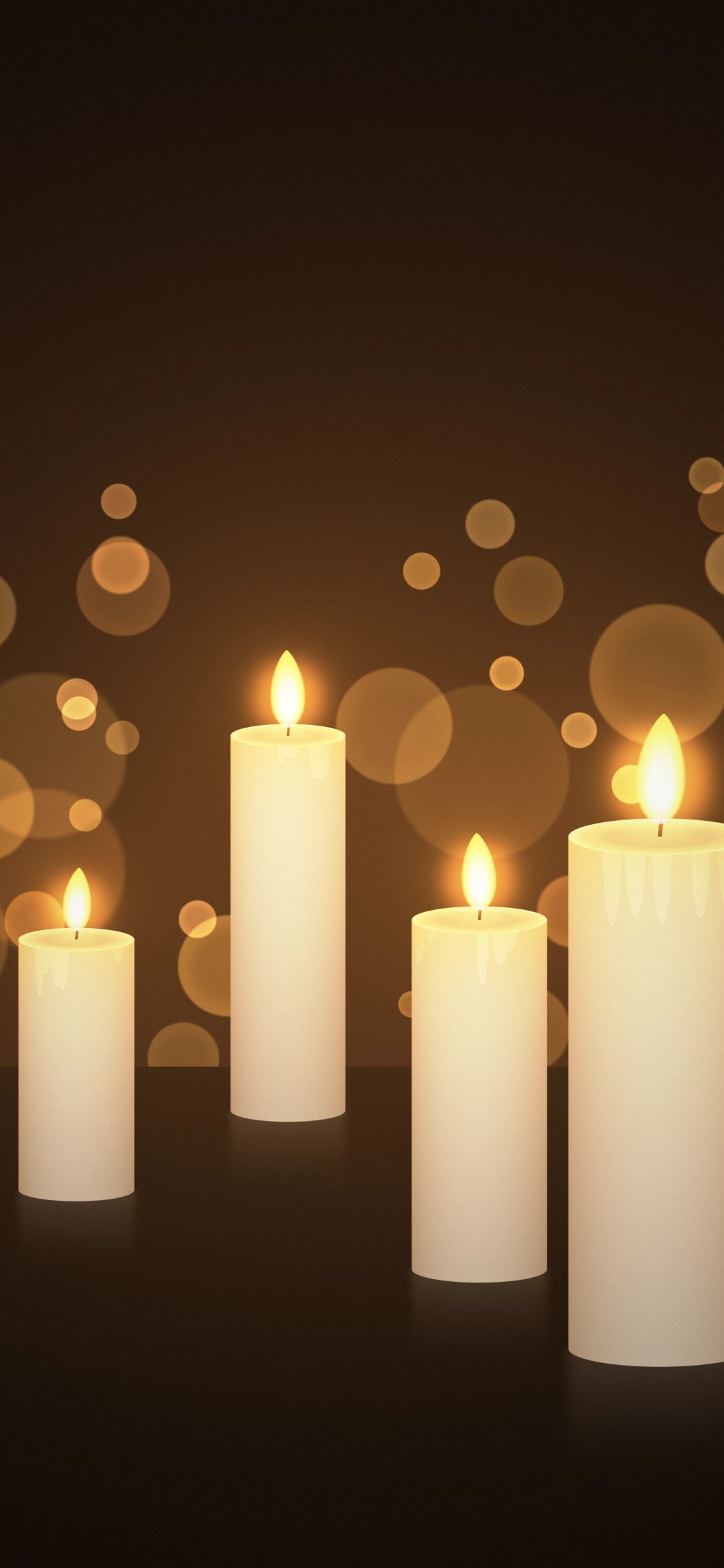 Amber Candle Glow: four ivory pillar candles with dripping wax and bright flames glow on a dark glossy table, their warm light melting into amber bokeh, iPhone wallpaper