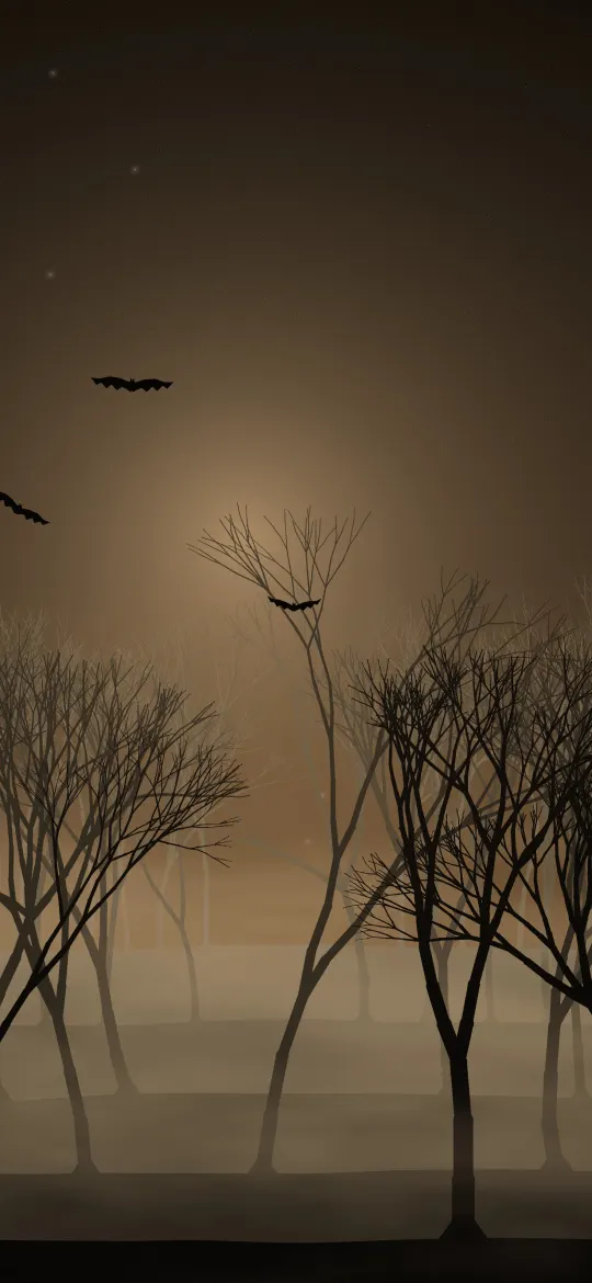 Amber Haze Forest: a warm amber glow shines through drifting fog between rows of tall bare trees, their branches tangled against a dim brown night sky, iPhone wallpaper