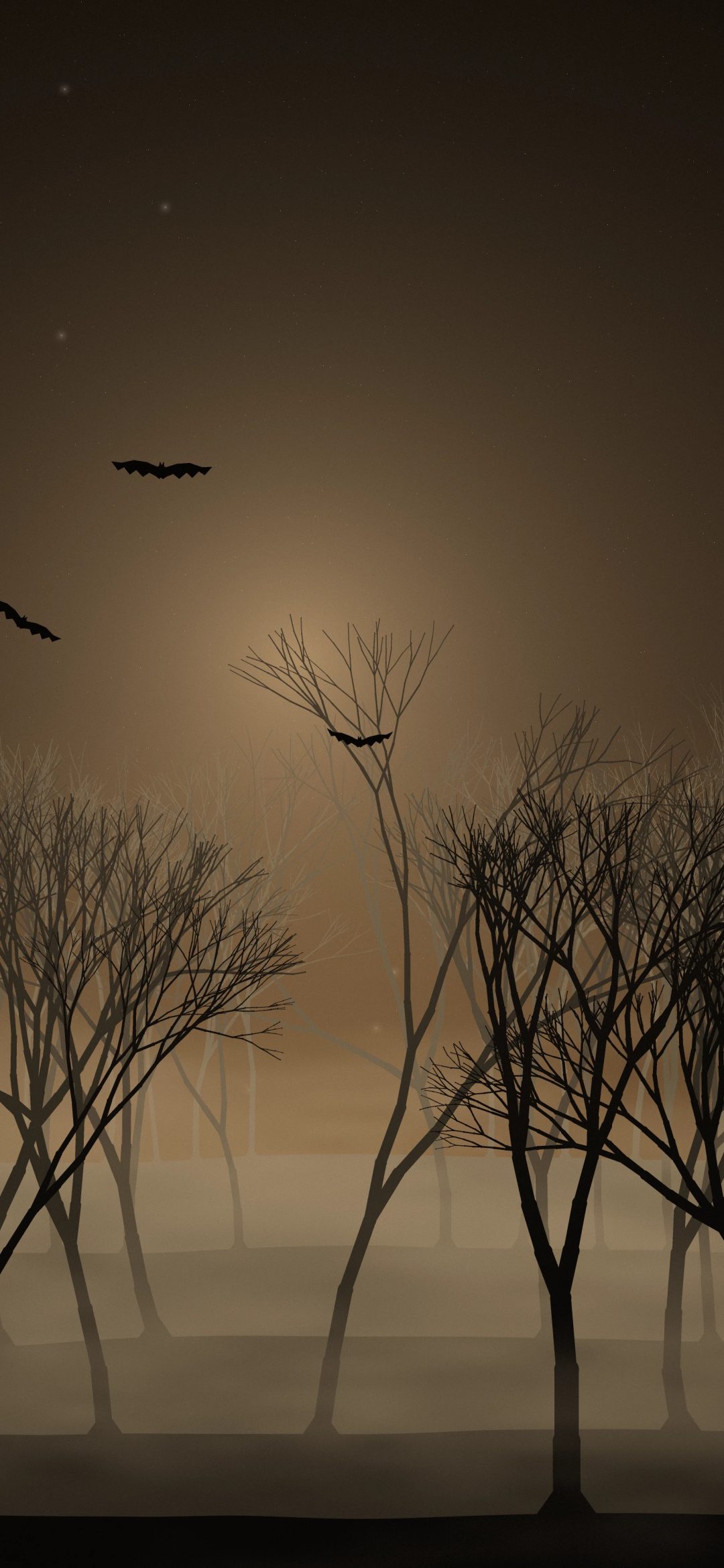 Amber Haze Forest: a warm amber glow shines through drifting fog between rows of tall bare trees, their branches tangled against a dim brown night sky, iPhone wallpaper