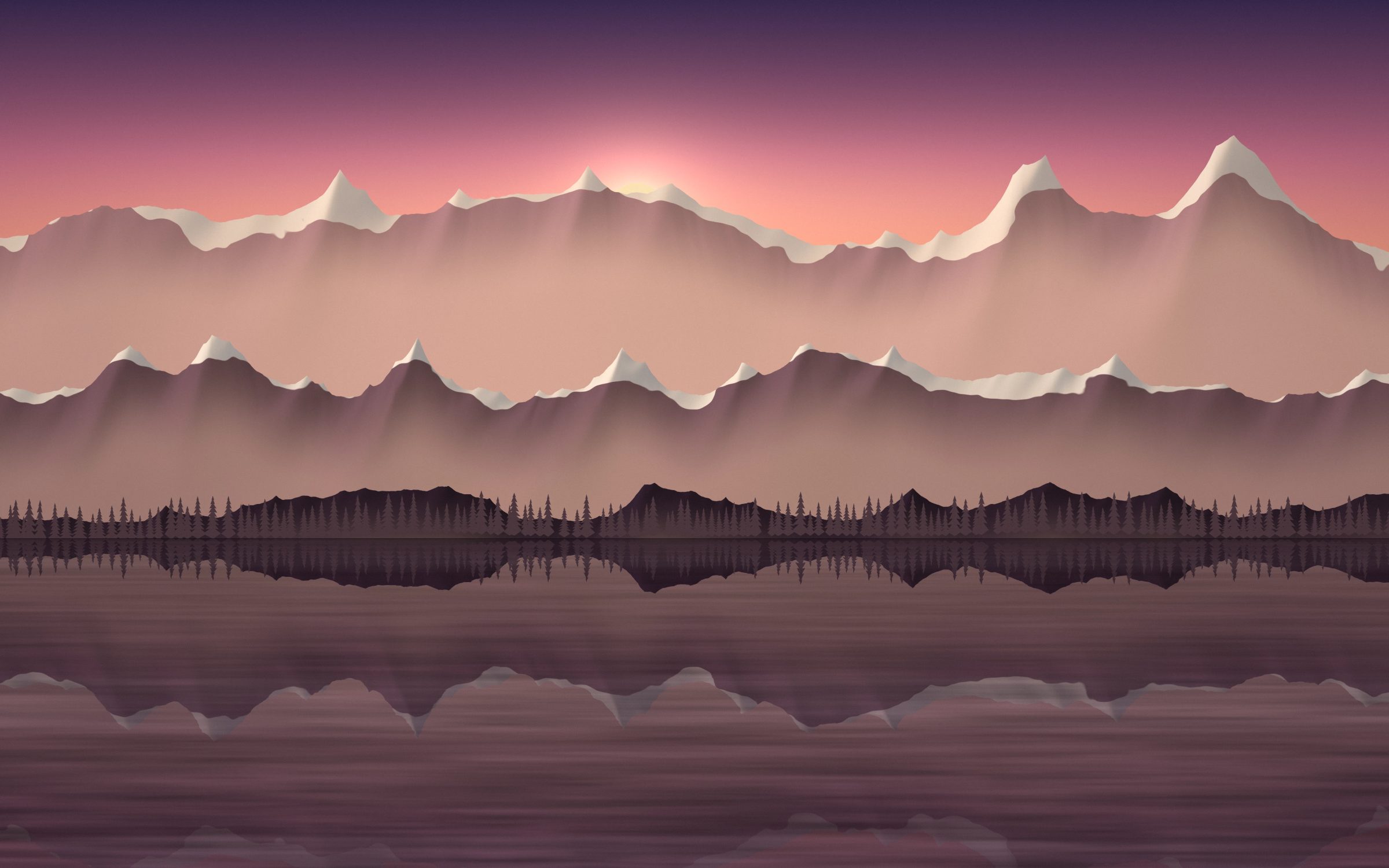 Amber Lake Evening: evening light turns the sky amber and rose over a mountain lake, the peaks and fir-lined shore mirrored in dark glowing water, Mac wallpaper