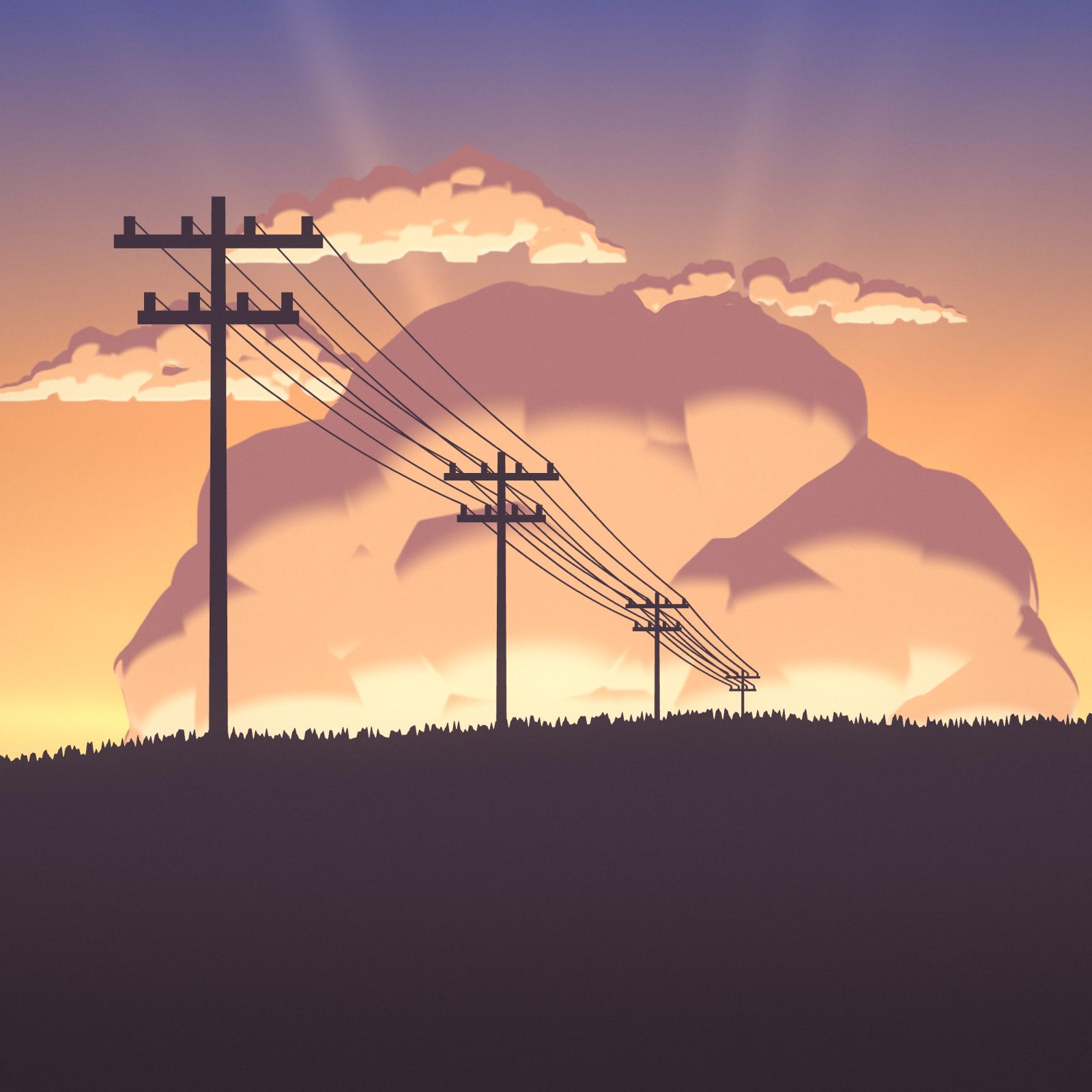 Amber Meadow Rays: an amber evening sun glows through a tall cloud above a grassy hill, rays of warm light streaming past the power lines, iPad wallpaper