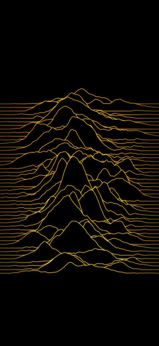 Amber Signal Ridges: stacked amber lines swell into a range of glowing peaks on pure black, like a warm signal traced across the dark, iPhone wallpaper