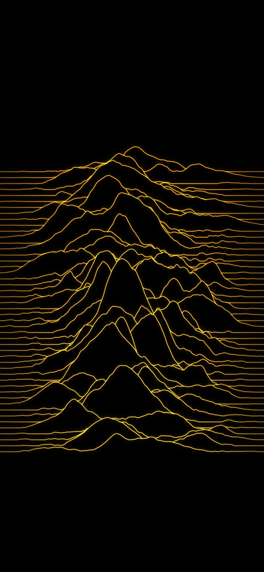 Amber Signal Ridges: stacked amber lines swell into a range of glowing peaks on pure black, like a warm signal traced across the dark, iPhone wallpaper