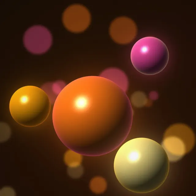 Amber Spheres: glossy amber, orange and pink spheres glow over a dark chocolate background with soft bokeh lights, iPad wallpaper