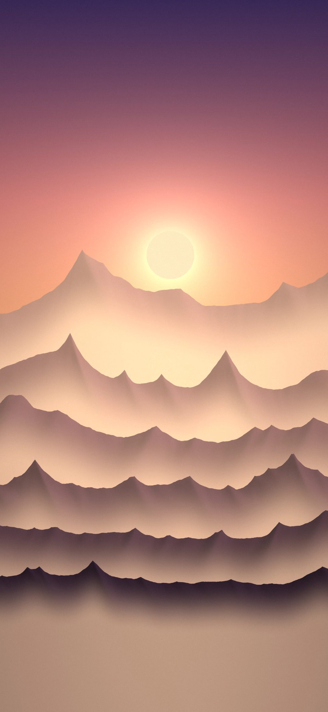 Amber Summit Haze: warm amber light floods a valley of layered peaks at sunset, the nearest ridges deep plum and the farthest lost in golden haze, iPhone wallpaper