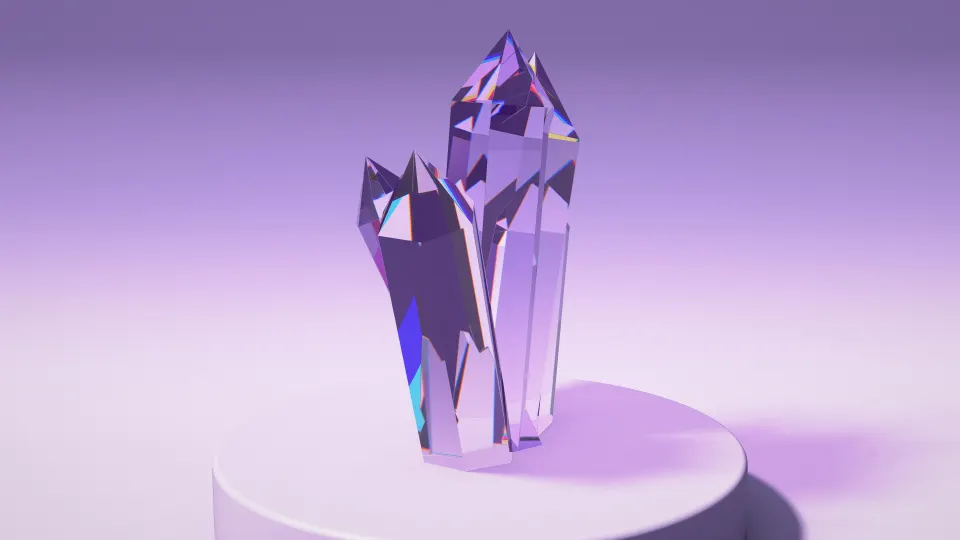 Amethyst Crystal Cluster: a cluster of clear violet glass crystals rises from a round plinth, splitting the studio light into rainbow edges on purple, PC wallpaper