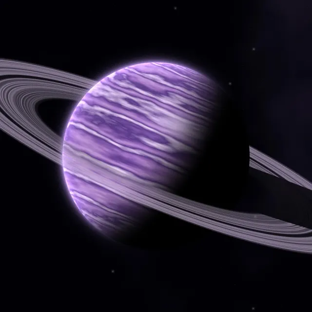 Amethyst Ringed Planet: a violet gas giant with swirling lilac bands sits inside bright rings, its shadow falling across them in deep space, iPad wallpaper