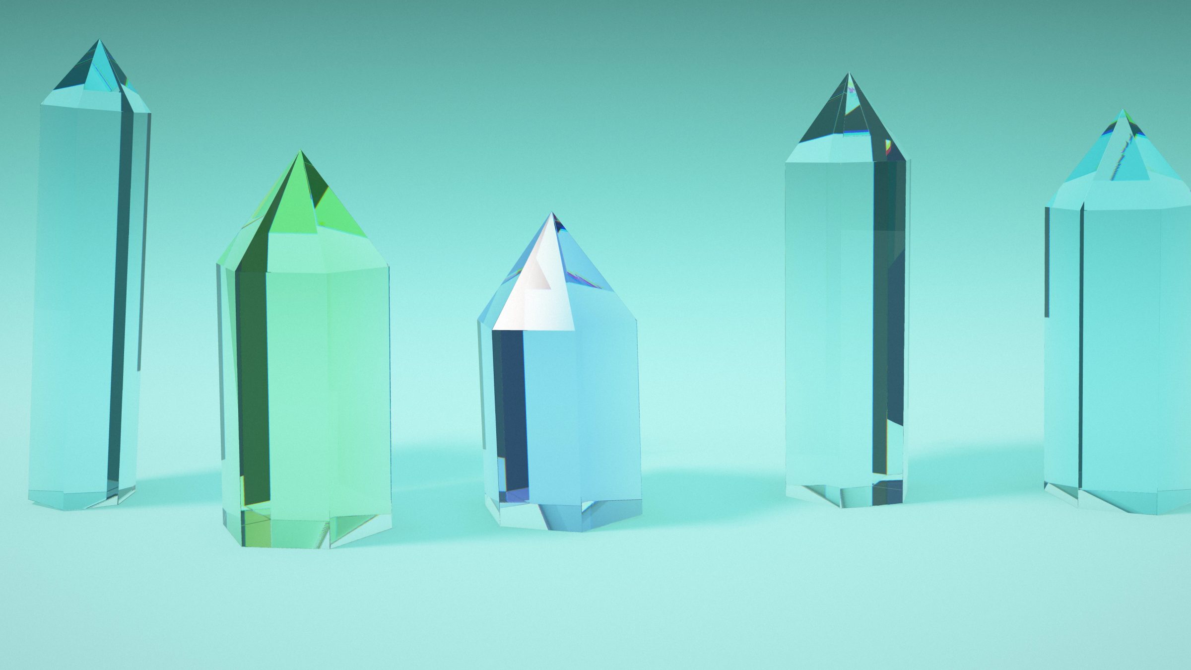 Aqua Quartz Points: five standing glass quartz points tinted aqua, mint and ice blue line up on a teal studio floor, refracting the backdrop, PC wallpaper