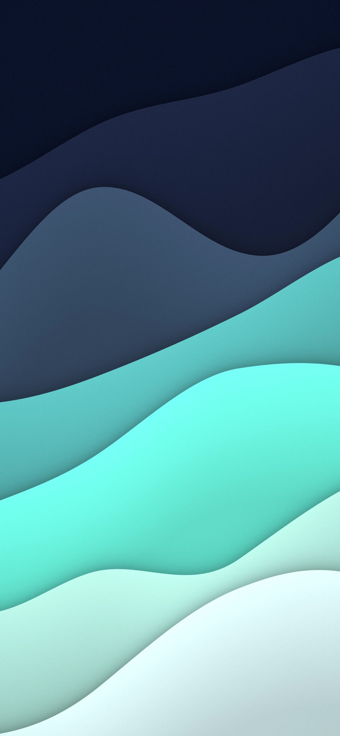 Aqua Tide Layers: navy layers give way to teal and pale aqua as paper-cut waves flow down the screen, each crest edged with soft light, iPhone wallpaper