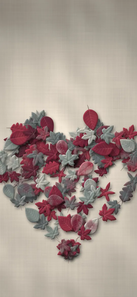 Autumn Leaf Heart: wine red and dusty grey leaves are arranged into a heart on pale linen, iPhone wallpaper