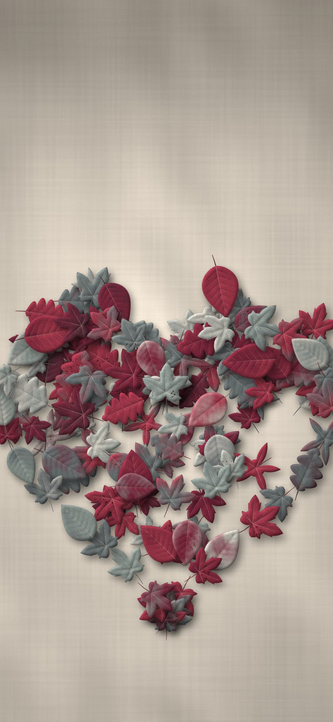 Autumn Leaf Heart: wine red and dusty grey leaves are arranged into a heart on pale linen, iPhone wallpaper
