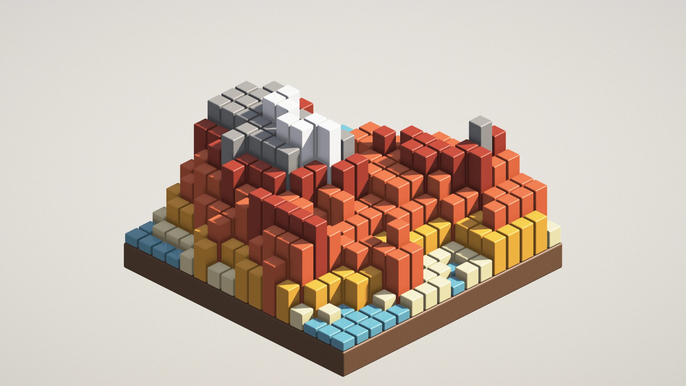 Autumn Voxel Isle: a small block island glows in autumn gold, orange and rust above teal water, its rocky peak capped with white blocks, PC wallpaper