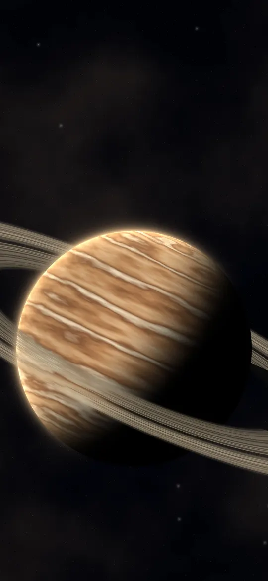 Banded Ringed Giant: a banded gas giant in cream and caramel hangs in deep space, its wide rings sweeping in front and its night side in shadow, iPhone wallpaper