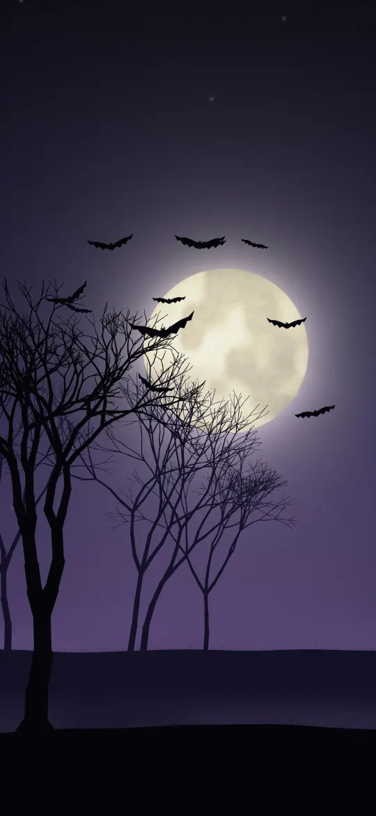 Bats Across the Moon: a dozen bats swirl around a creamy full moon in a starry indigo sky, above fog and a lone bare tree on the dark hillside below, iPhone wallpaper
