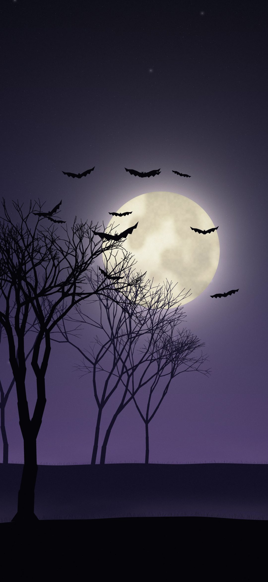 Bats Across the Moon: a dozen bats swirl around a creamy full moon in a starry indigo sky, above fog and a lone bare tree on the dark hillside below, iPhone wallpaper