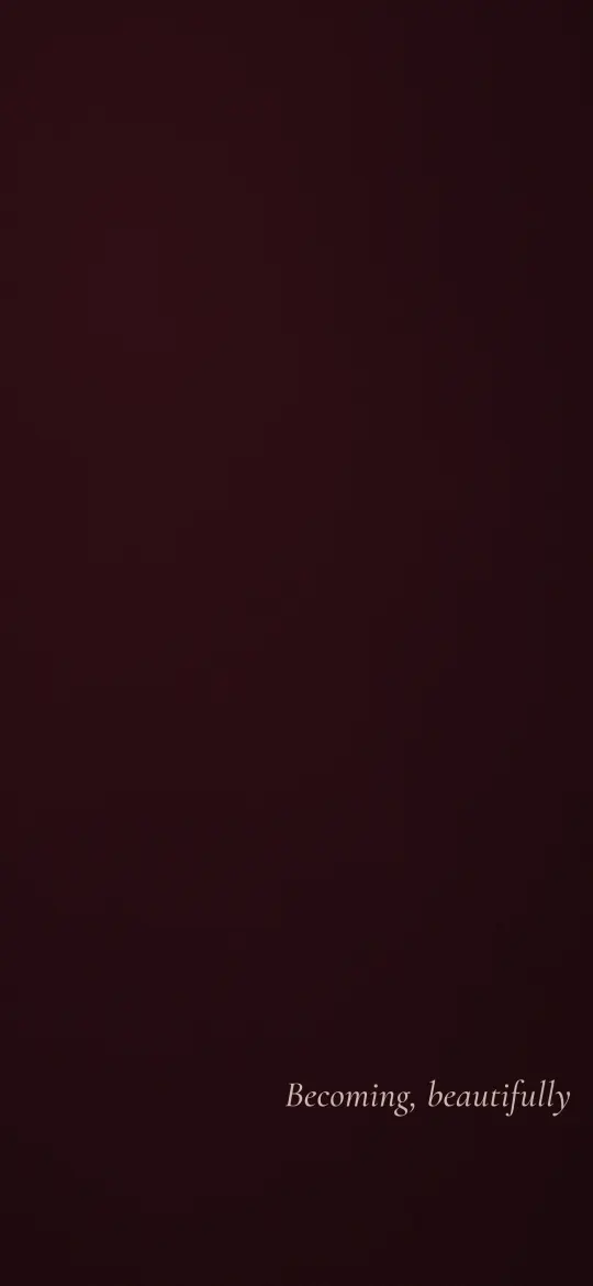 Becoming Beautifully: a plain deep burgundy backdrop with fine grain carries the small line "Becoming, beautifully" at the lower right, iPhone wallpaper