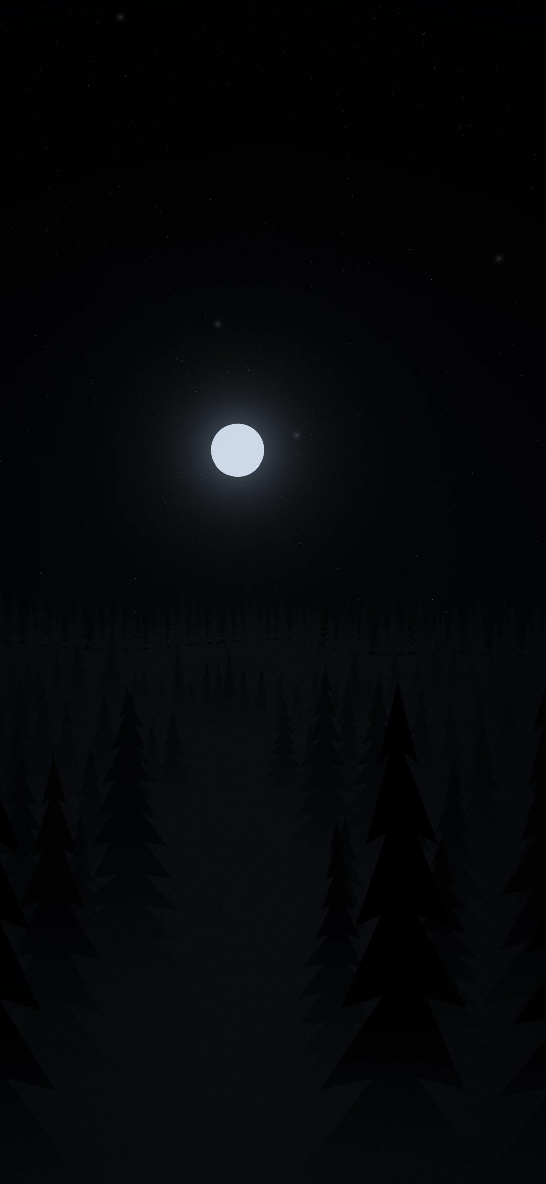 Black Pine Silhouettes: rows of black fir trees stand in faint blue mist under a small moon, a nearly all-black night forest made for OLED screens, iPhone wallpaper