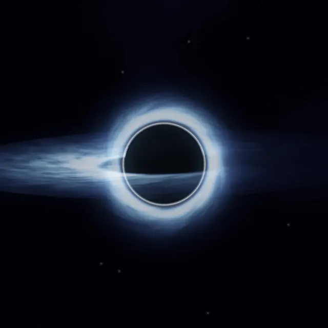 Blue Accretion Disc: a black hole wrapped in a blue-white disc of glowing gas, its light bent into a bright ring around the dark centre, iPad wallpaper