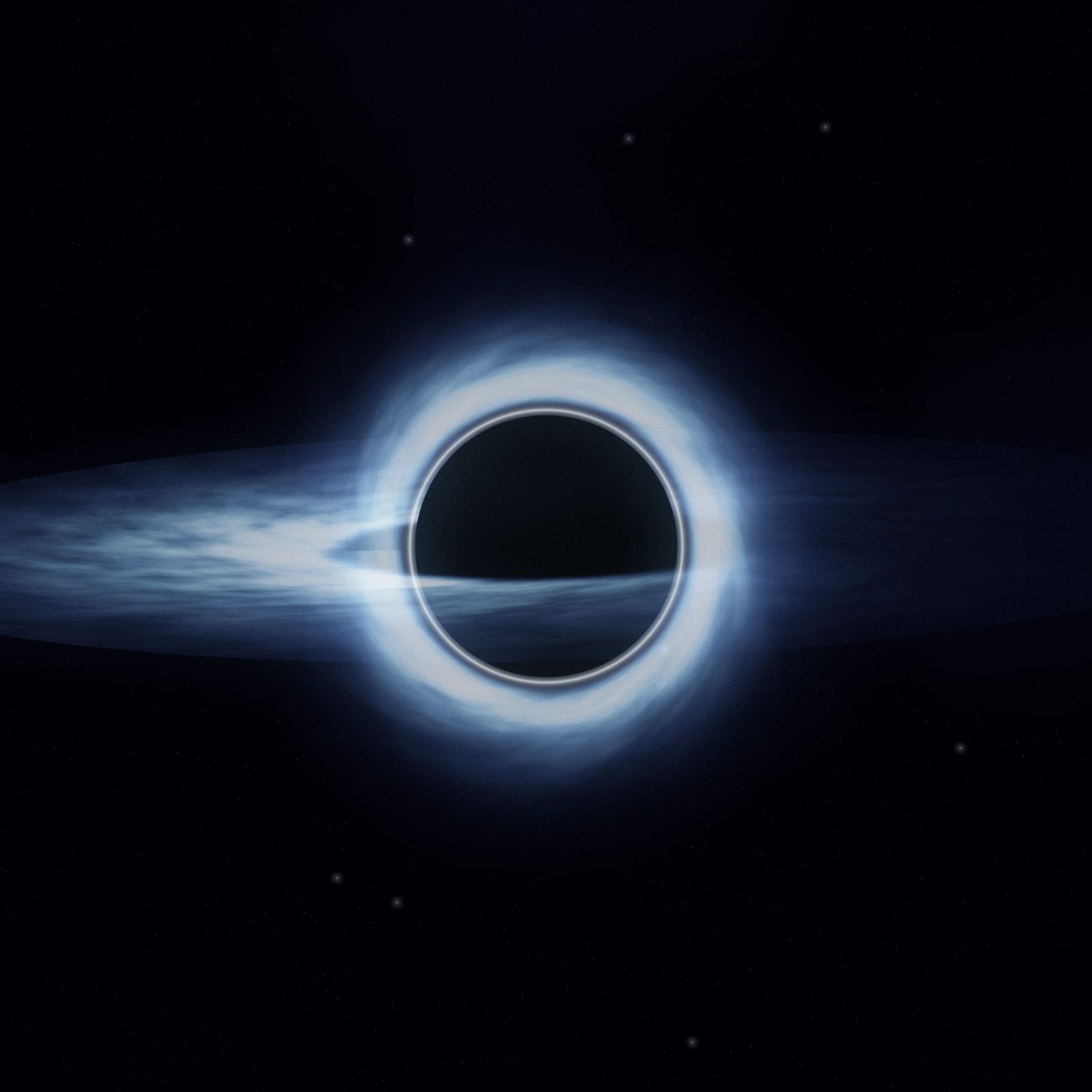 Blue Accretion Disc: a black hole wrapped in a blue-white disc of glowing gas, its light bent into a bright ring around the dark centre, iPad wallpaper