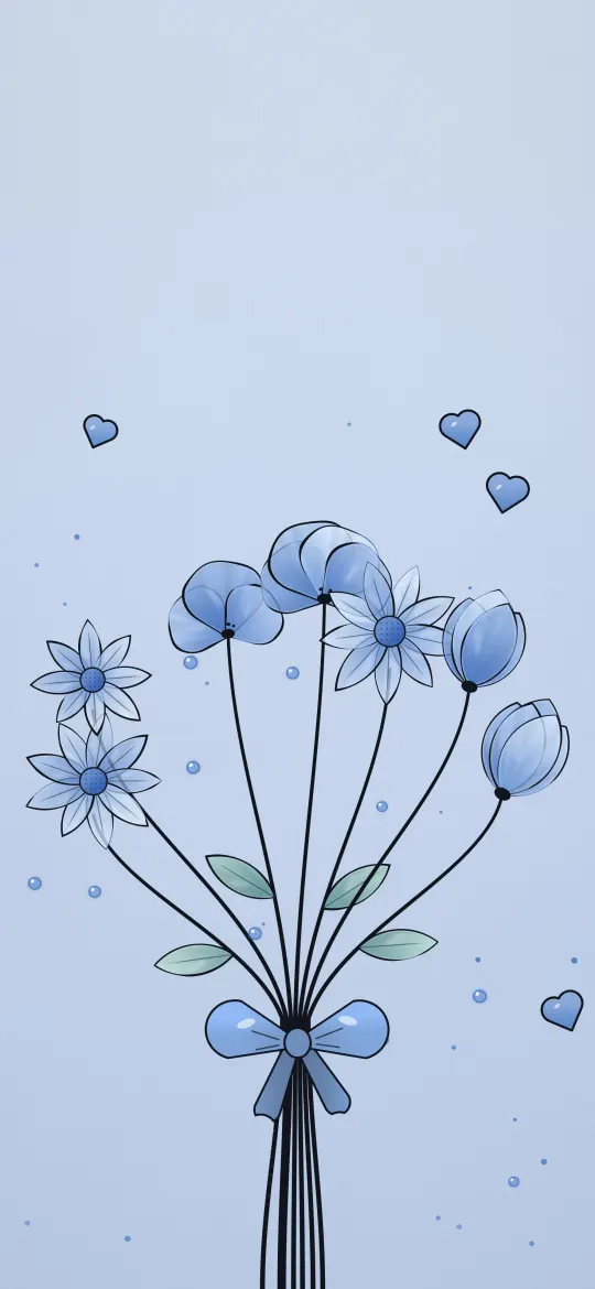 Blue Bouquet with a Bow: a bouquet of glassy blue tulips and daisies tied with a blue ribbon bow, with tiny hearts and dots on powder blue, iPhone wallpaper
