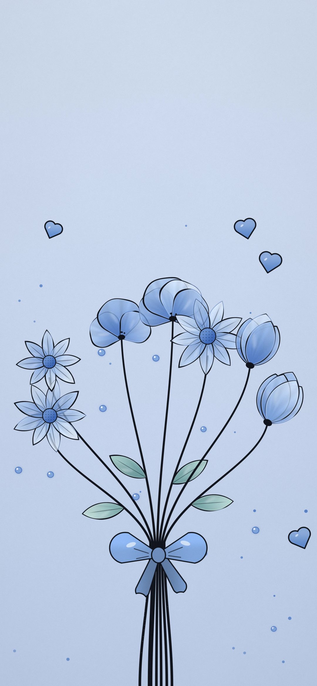 Blue Bouquet with a Bow: a bouquet of glassy blue tulips and daisies tied with a blue ribbon bow, with tiny hearts and dots on powder blue, iPhone wallpaper