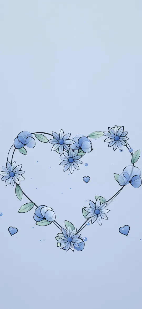 Blue Flower Heart Wreath: blue flowers, daisies and leaves form a heart-shaped wreath around tiny hearts on powder blue, iPhone wallpaper