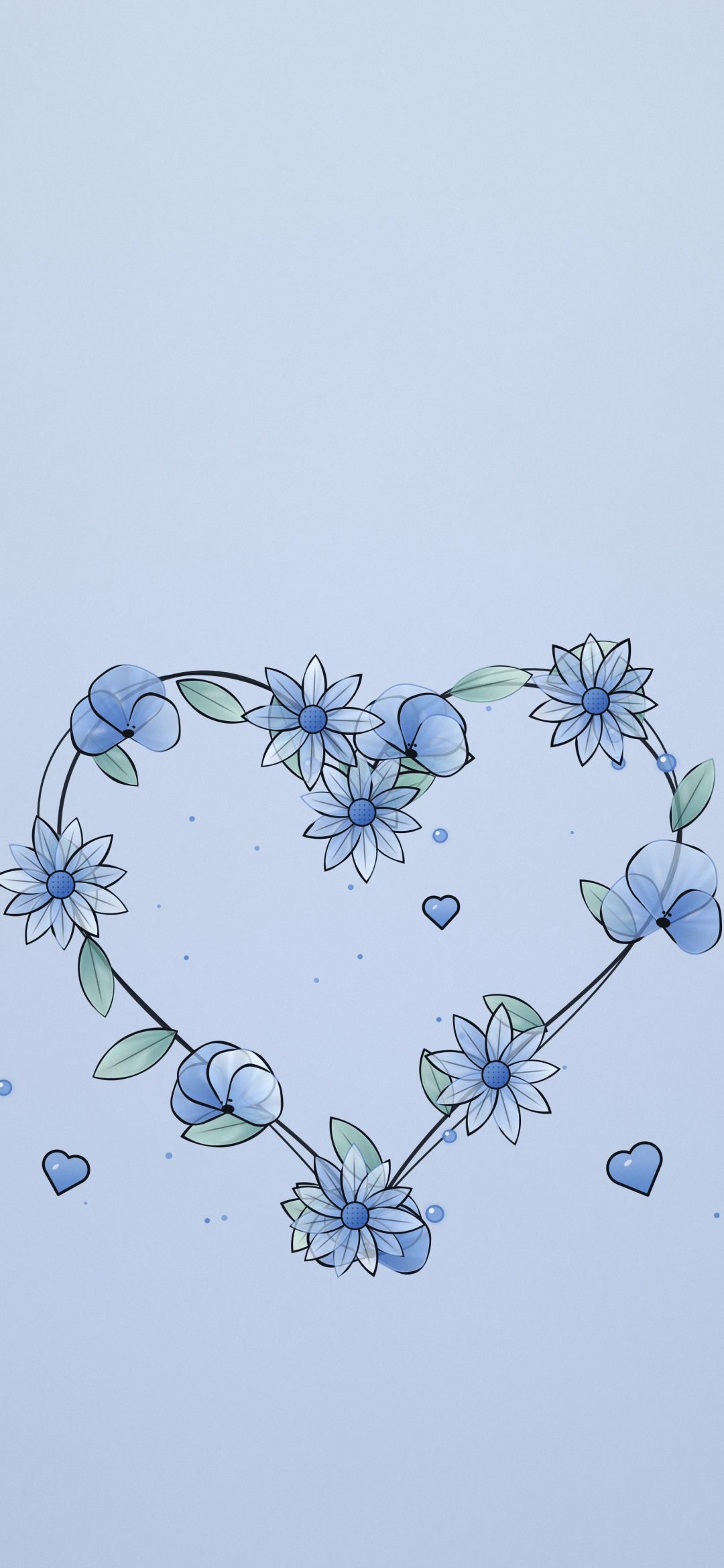 Blue Flower Heart Wreath: blue flowers, daisies and leaves form a heart-shaped wreath around tiny hearts on powder blue, iPhone wallpaper