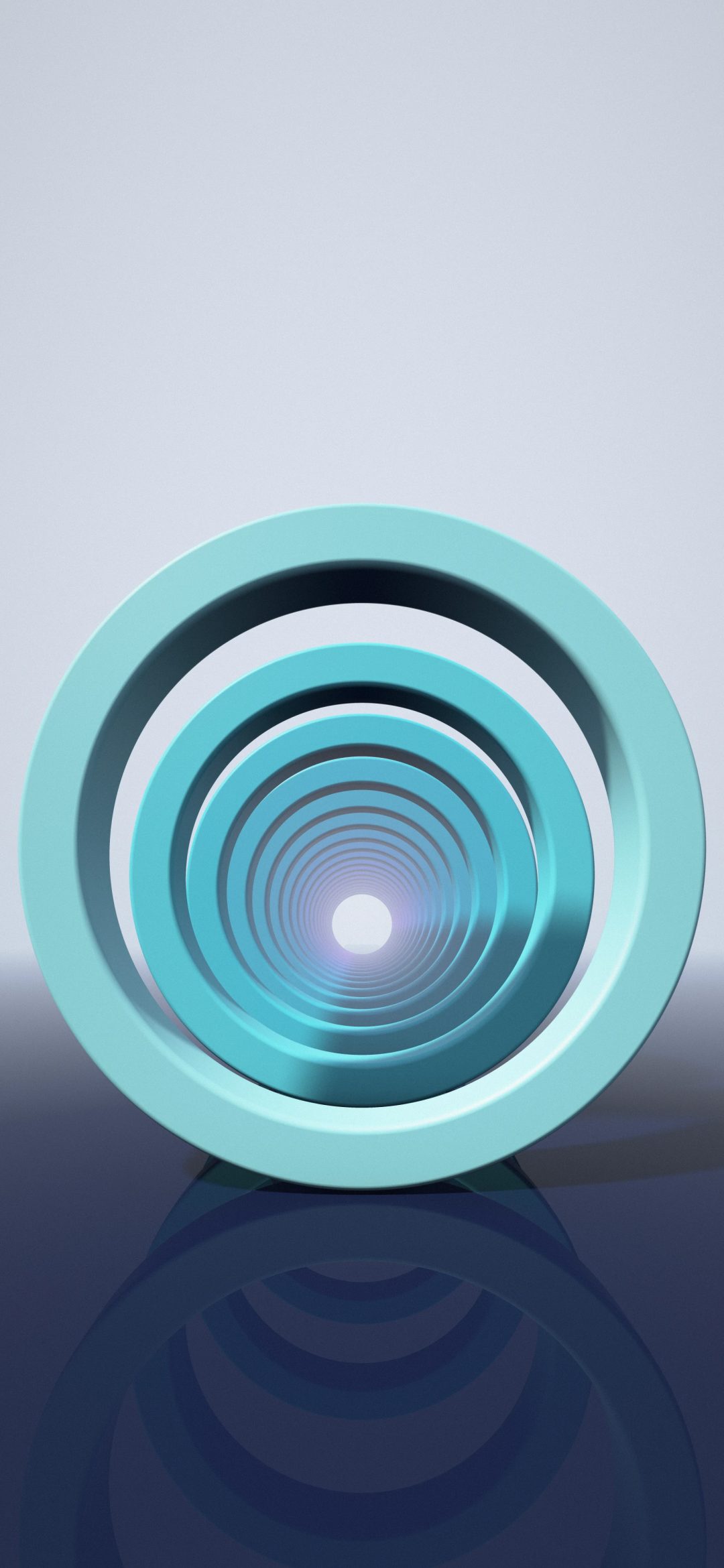 Blue Hour Ring Tunnel: rings in ice blue, sky, ocean and violet repeat into a pale glow, mirrored in the glossy midnight blue floor beneath, iPhone wallpaper