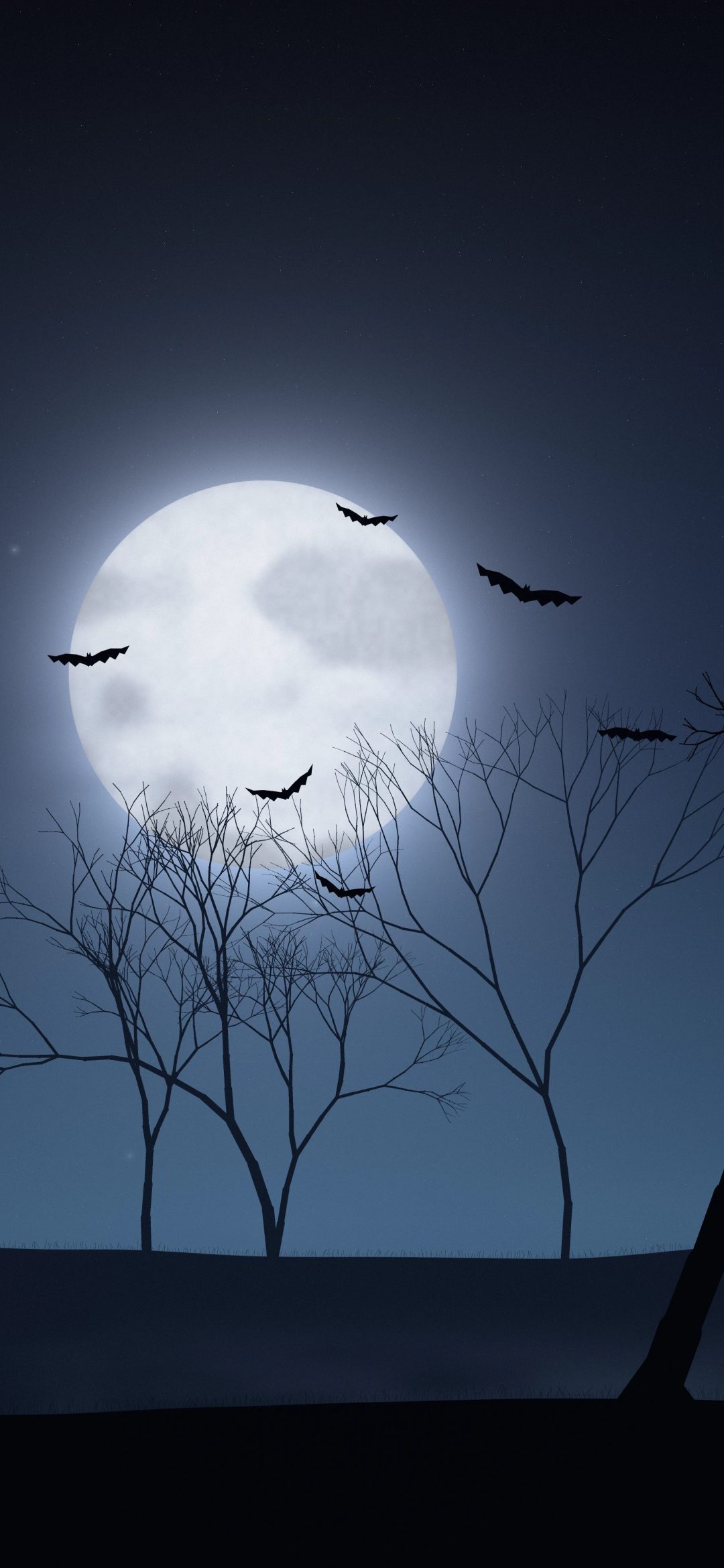 Blue Moon Bare Tree: a pale blue full moon with soft clouds lights a cold night sky while bats circle near a twisted bare tree on dark misty hills, iPhone wallpaper