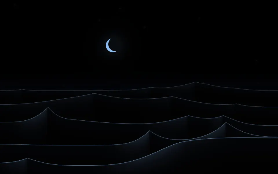Blue Moon Dunescape: pale blue moonlight traces the crests of black dunes rolling into the distance under a thin crescent and faint stars, Mac wallpaper