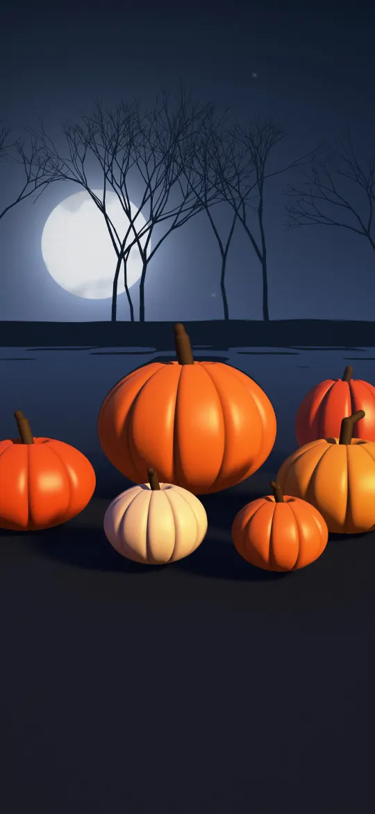 Blue Moon Pumpkins: six glossy orange and cream pumpkins with curled stems gather on misty ground beneath a white moon and a cold blue night sky of bare trees, iPhone wallpaper