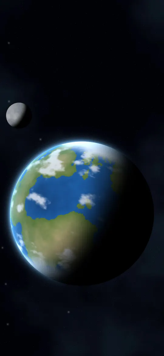 Blue Ocean World: an Earth-like world of deep blue oceans, green land and swirling white clouds glows in sunlight beside its small grey moon, iPhone wallpaper