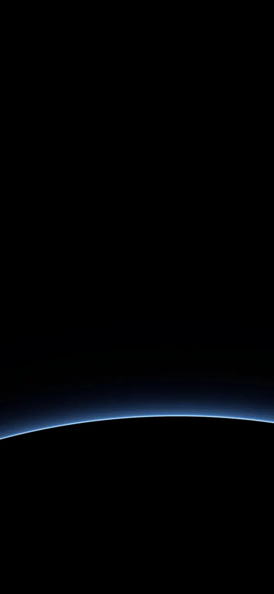 Blue Planet Edge: the thin blue rim of a dark planet curves across a black screen, a soft glow of atmosphere rising faintly above it, iPhone wallpaper