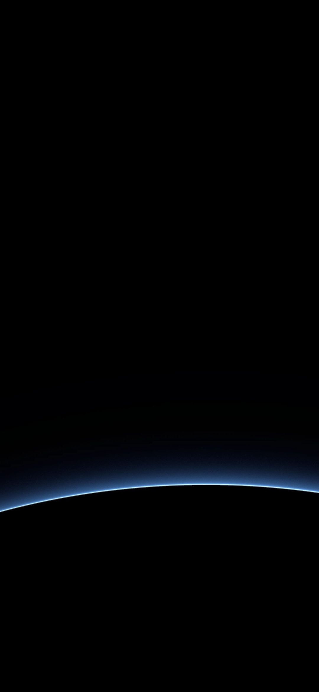 Blue Planet Edge: the thin blue rim of a dark planet curves across a black screen, a soft glow of atmosphere rising faintly above it, iPhone wallpaper