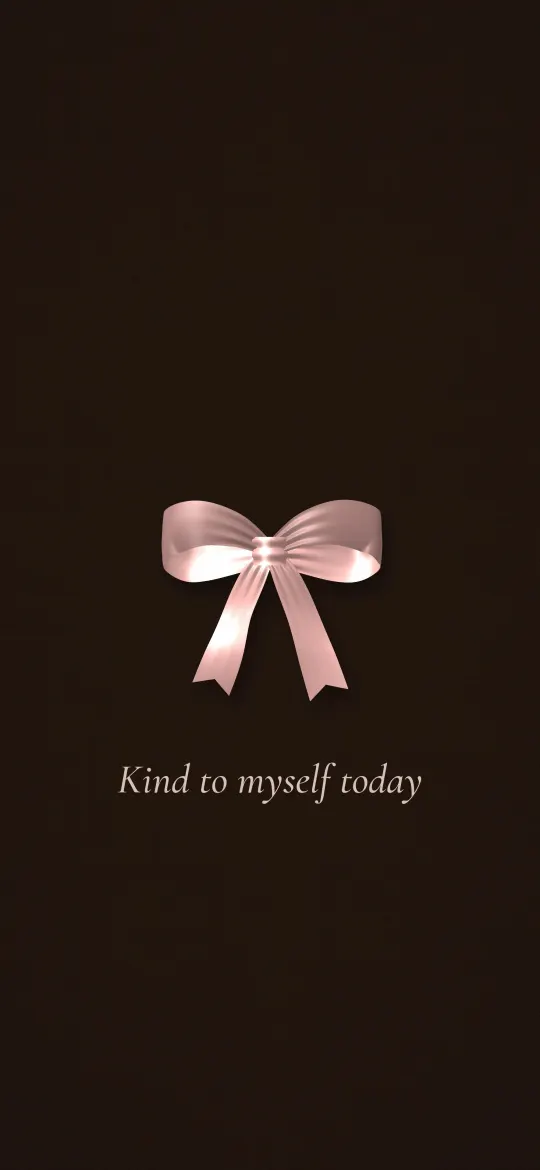 Blush Bow on Espresso: a blush pink satin bow rests on dark espresso brown above the line "Kind to myself today", iPhone wallpaper