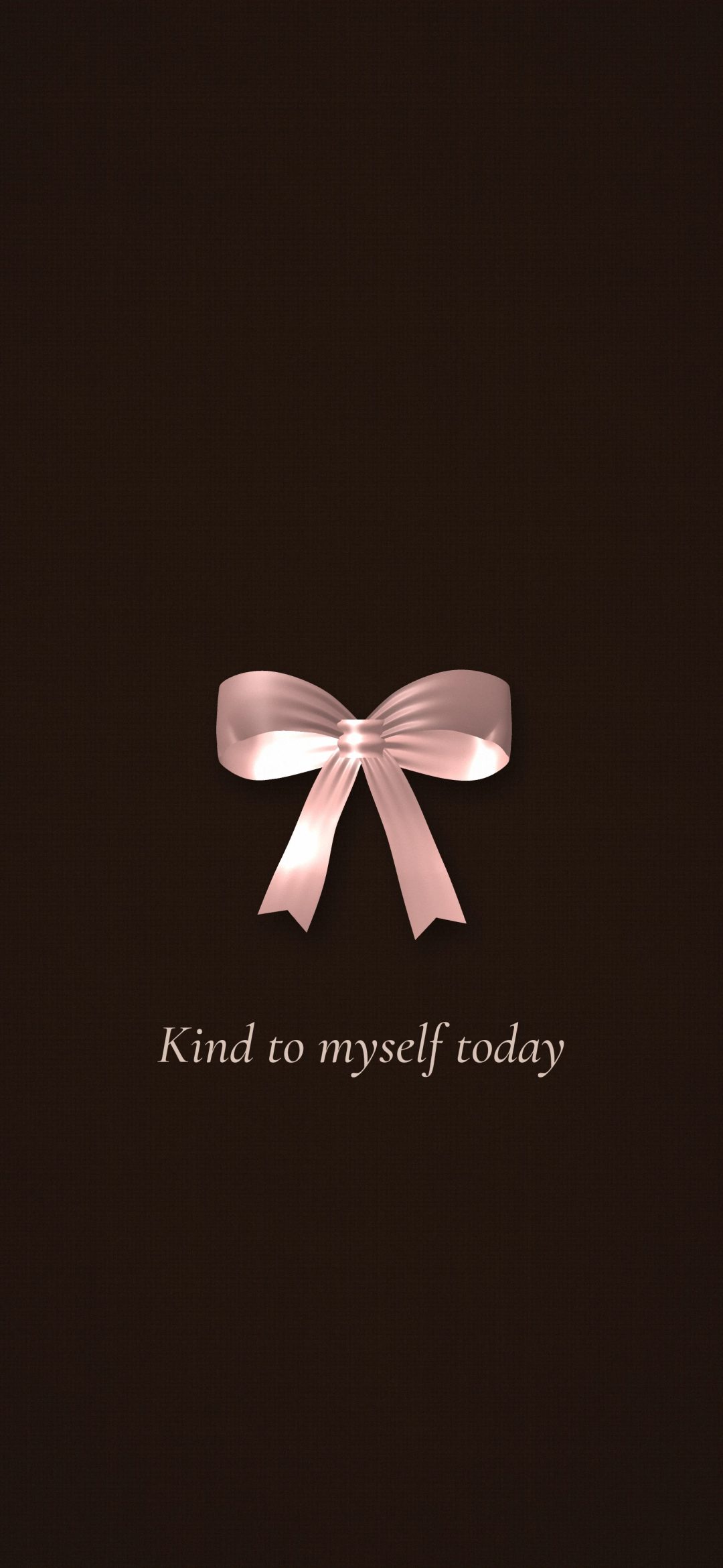 Blush Bow on Espresso: a blush pink satin bow rests on dark espresso brown above the line "Kind to myself today", iPhone wallpaper