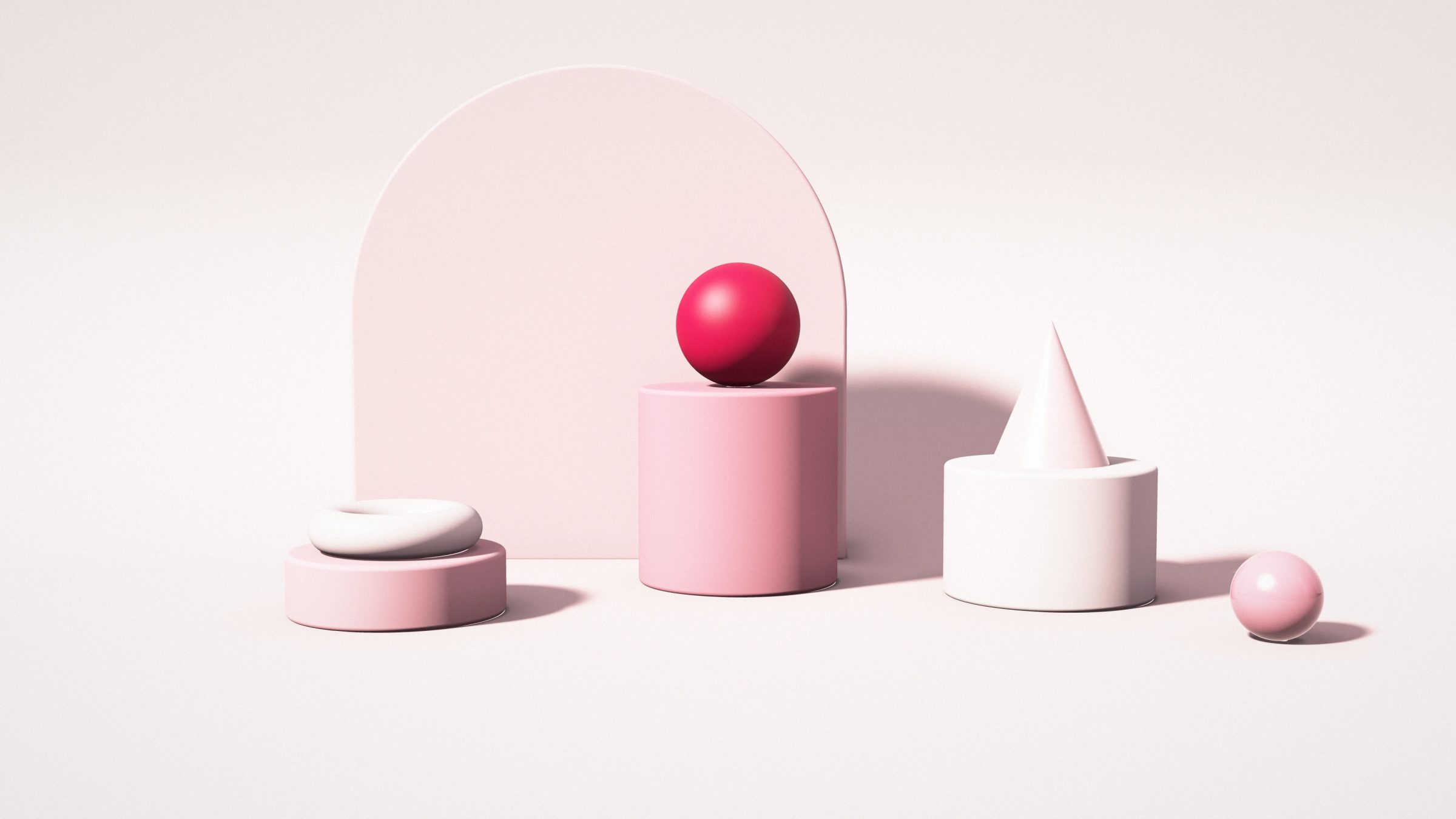 Blush Podium Set: round blush pink podiums of different heights carry simple shapes in rose and crimson in front of a pink arched panel, PC wallpaper