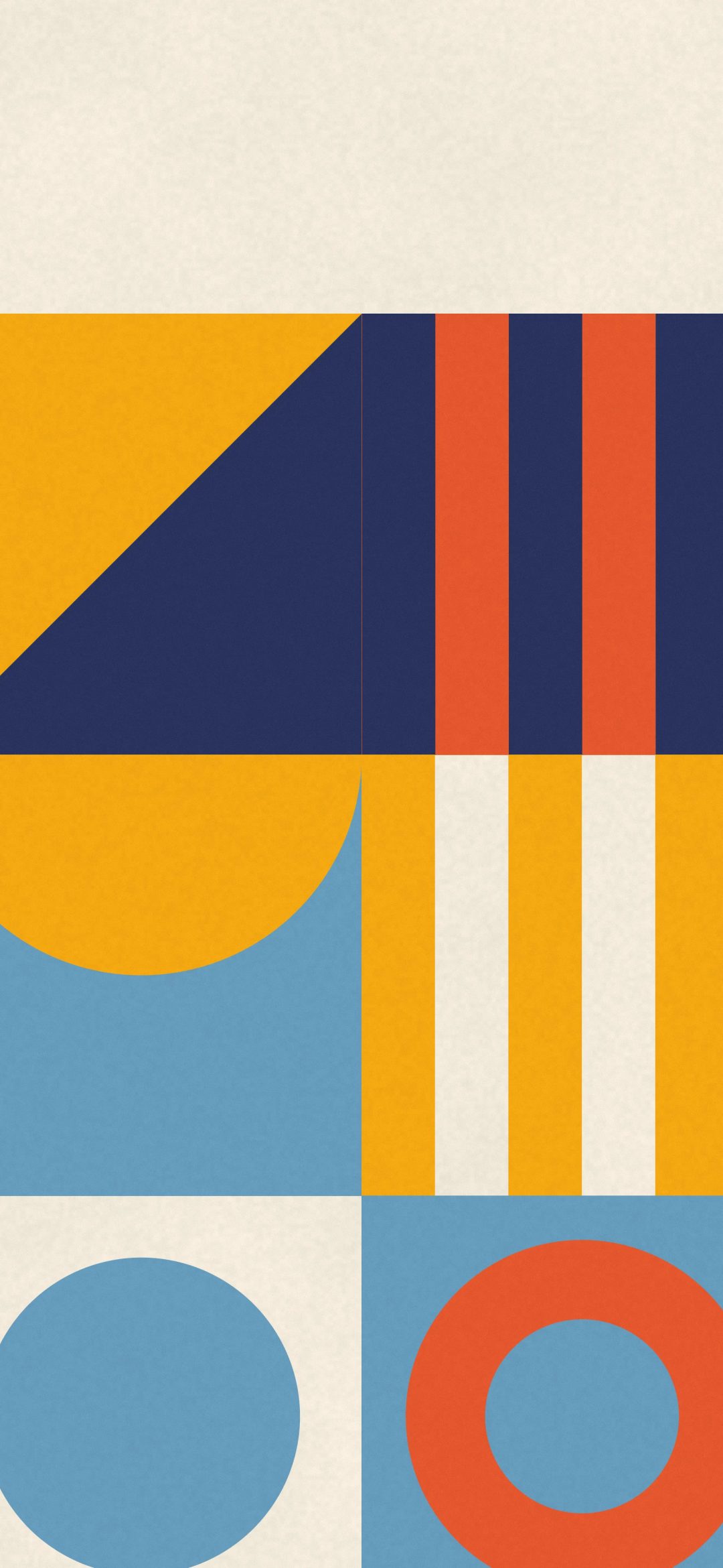 Bold Bauhaus Blocks: big quarter circles, half moons and bars in red, navy, mustard and blue fill a simple grid of tiles on warm paper, iPhone wallpaper