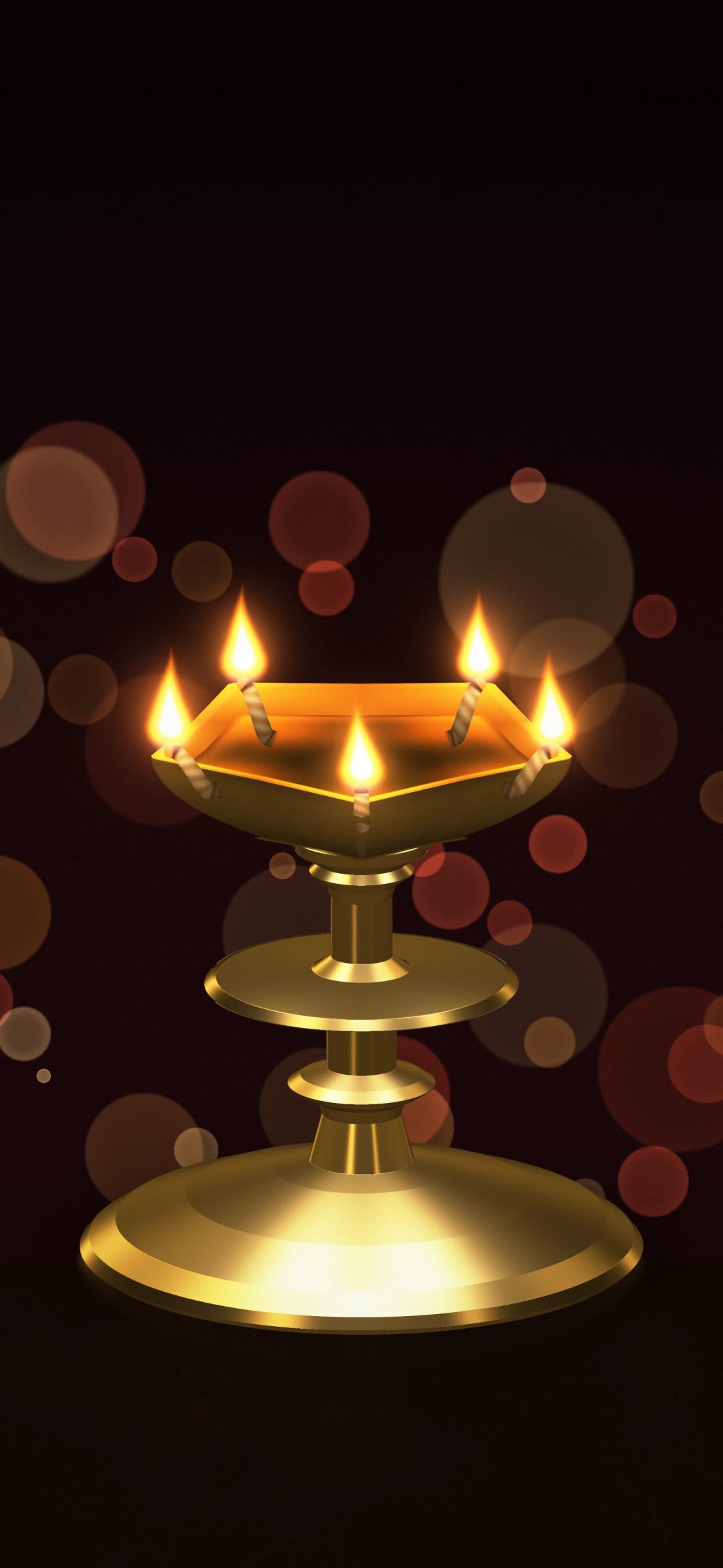 Brass Lamp with Five Flames: a tall polished brass lamp stand with five flames glows in front of warm bokeh on dark maroon, iPhone wallpaper