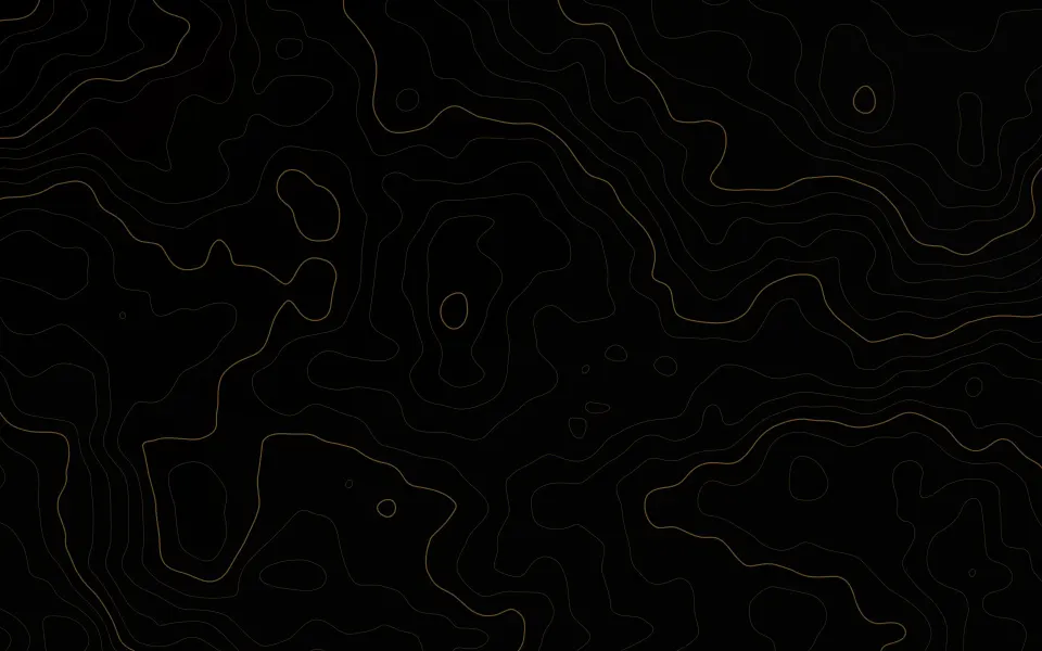 Bronze Contour Night: bronze contour lines map gentle hills across a black desktop, a warm, low-glow topographic pattern for dark mode, Mac wallpaper
