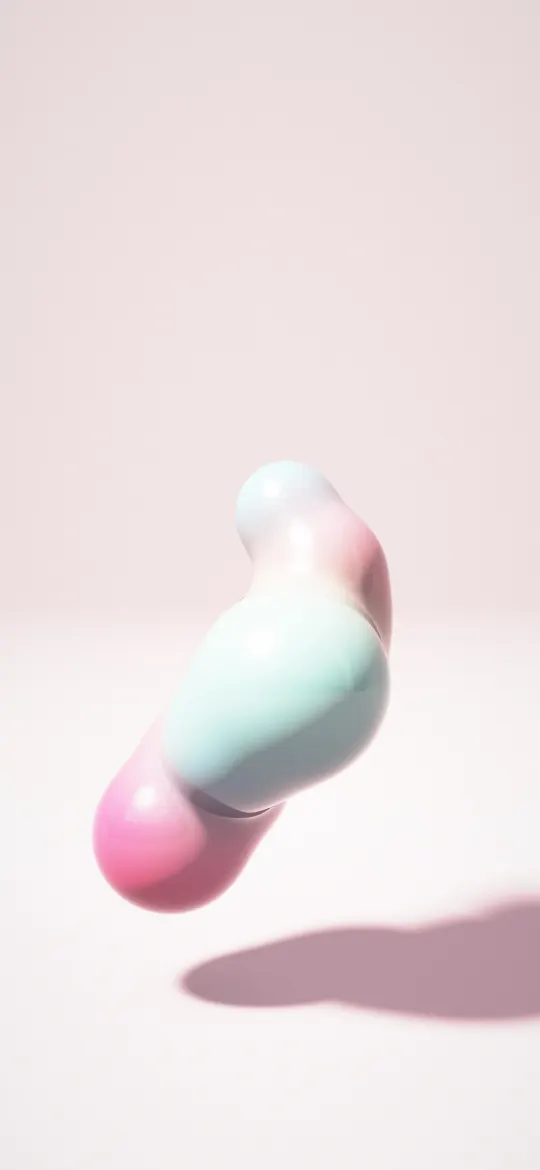 Bubblegum Blob Tower: a tall glossy blob of pink, sky blue, mint and lemon rises above a blush studio floor, its round lobes melting together, iPhone wallpaper
