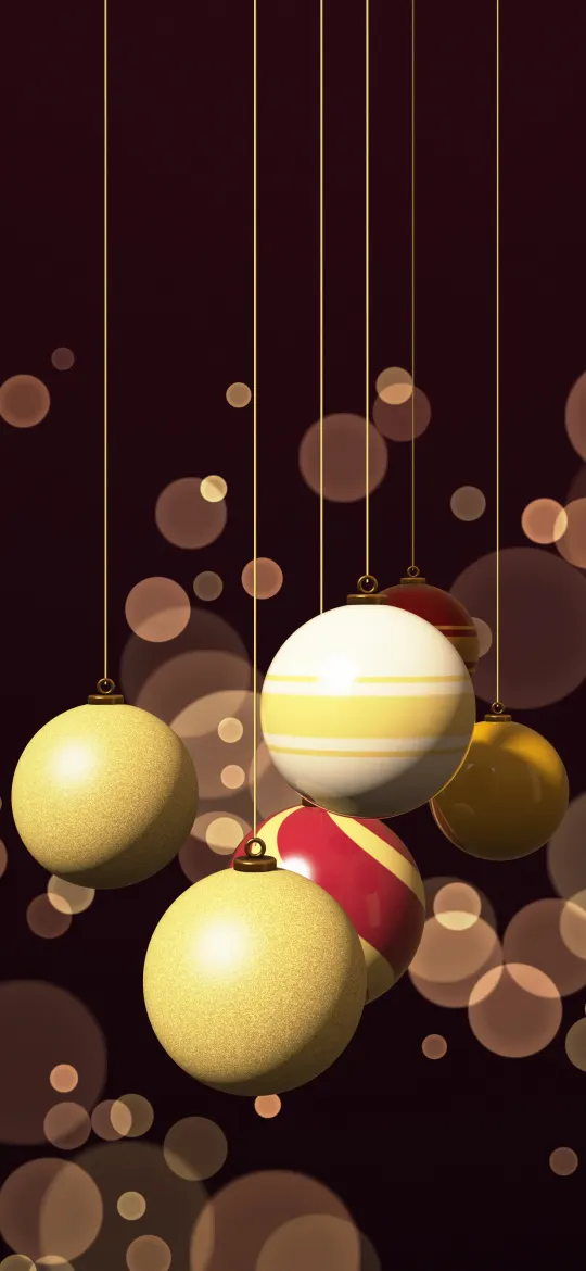 Burgundy Gold Ornaments: gold glitter, cream and red striped ornaments and a polished gold ball dangle on gold threads against glowing amber bokeh on a wine red background, iPhone wallpaper