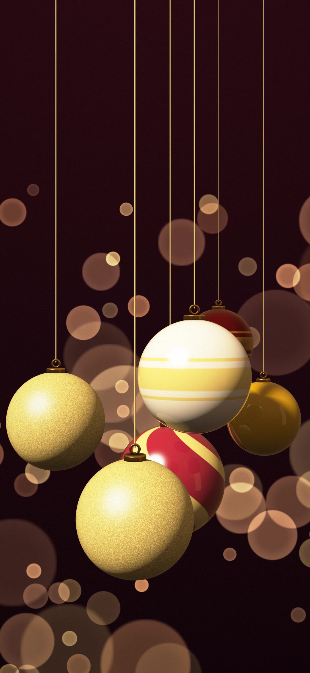 Burgundy Gold Ornaments: gold glitter, cream and red striped ornaments and a polished gold ball dangle on gold threads against glowing amber bokeh on a wine red background, iPhone wallpaper