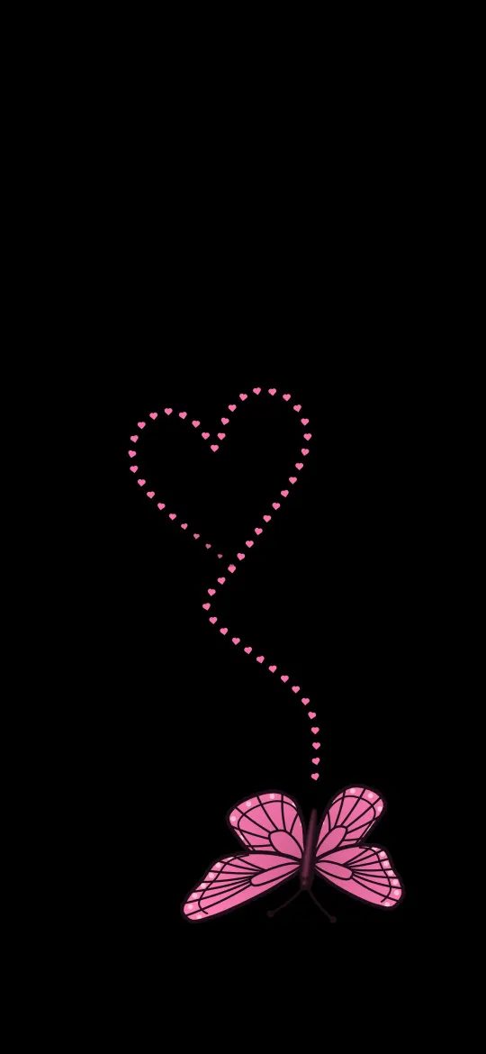 Butterfly and Heart Balloon: a big pink butterfly holds a dotted trail that rises into a heart like a balloon on true black, iPhone wallpaper