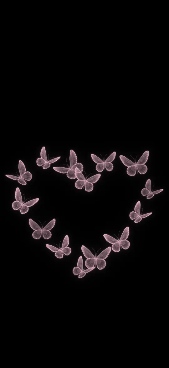 Butterfly Heart in the Dark: small glowing pink butterflies fly together in the shape of a heart on a black background, iPhone wallpaper
