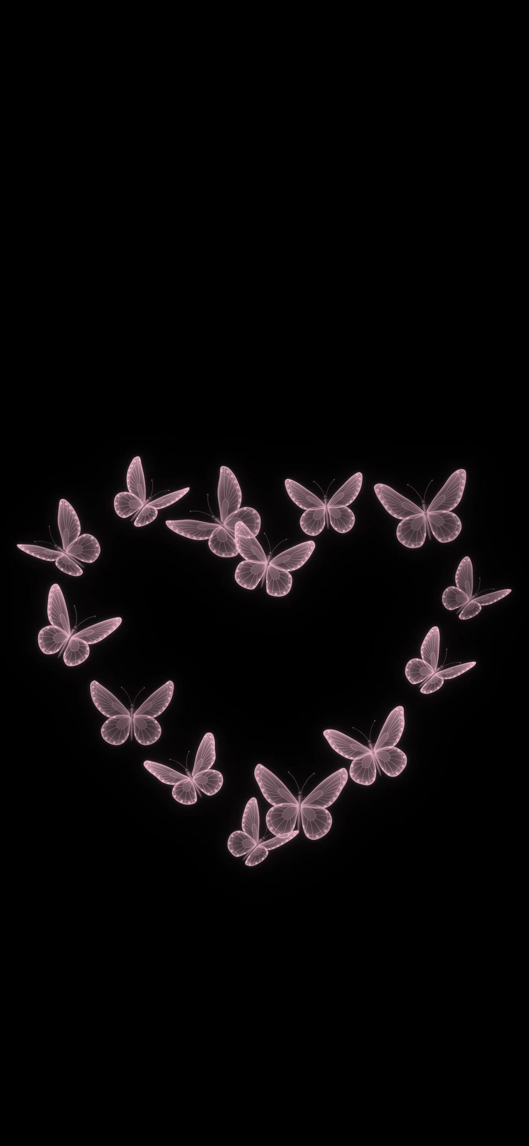 Butterfly Heart in the Dark: small glowing pink butterflies fly together in the shape of a heart on a black background, iPhone wallpaper