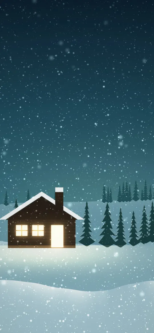 Cabin in the Pines: snow falls over a teal winter night as a cosy log cabin with lit windows and a lit door rests between snow-capped fir trees on soft white hills, iPhone wallpaper